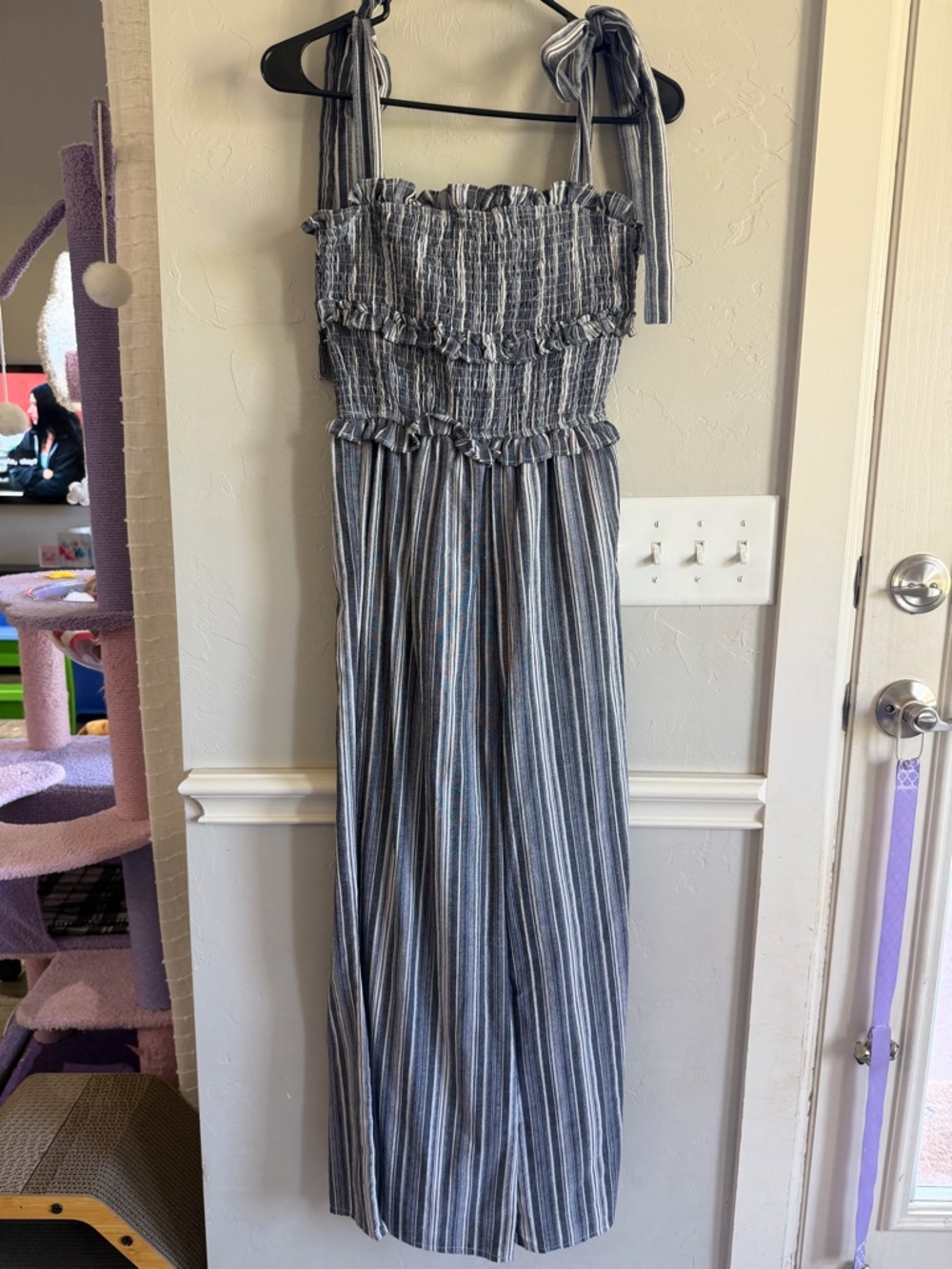 Kittenish Navy and White Striped Smocked Jumpsuit with Tie Straps